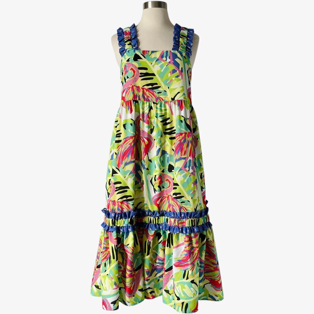 Crosby by Mollie Burch Bowie Dress Size S Green Pink Flamingo Print Resort - Picture 8 of 8